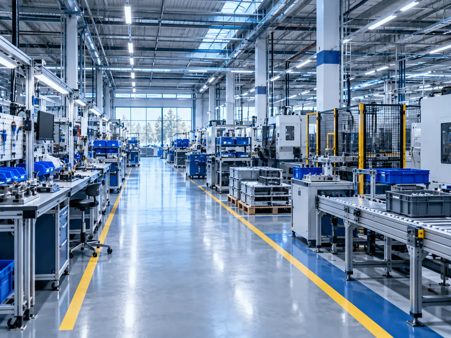 Modern manufacturing floor with clear production lanes