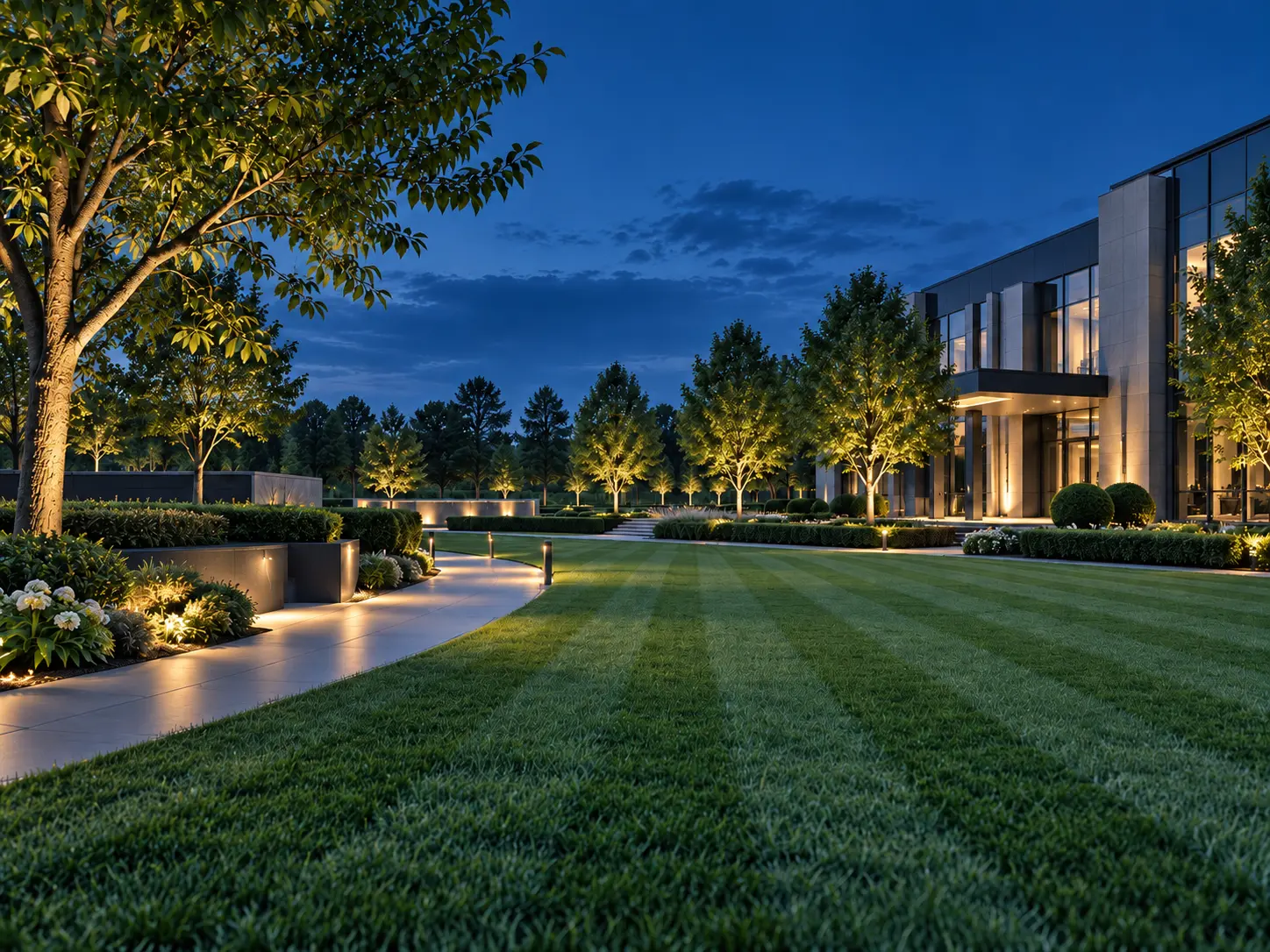 Landscaped commercial grounds suited to autonomous turf care